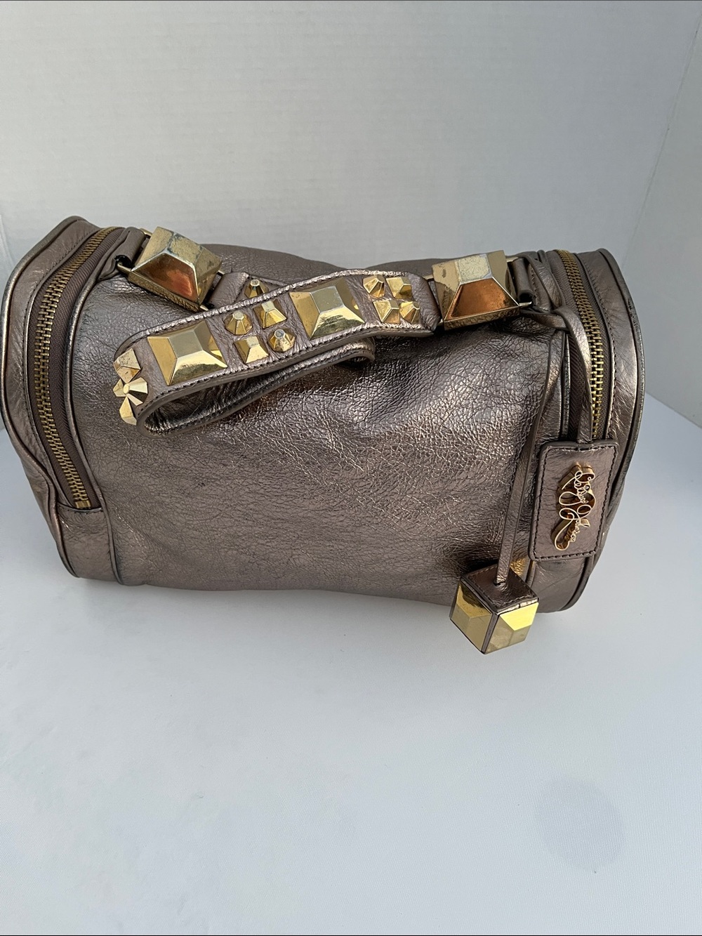Betsey Johnson Metallic Bronze Studded Mini Barrel Bag